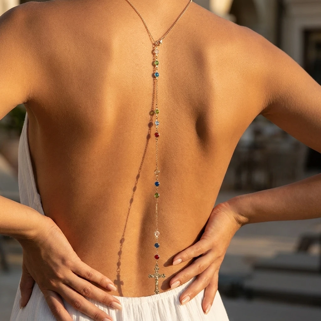 Minimalist Cross Crystal Back Necklace Body Chain for Women Simple Delicate Cubic Zirconia Gold Chain Open Back Dress Jewelry