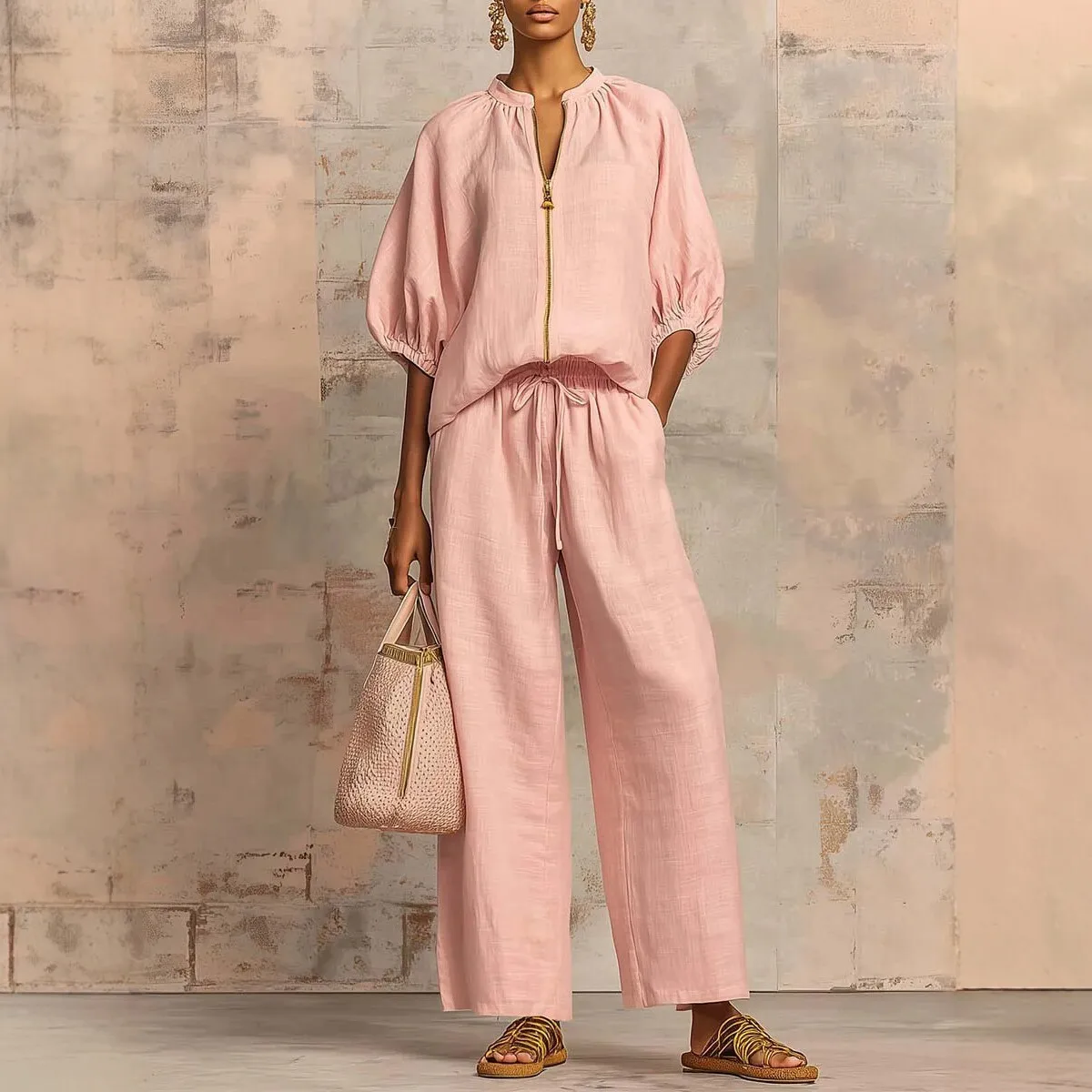 Zipper Casual Set with Stand Collar Regular Fit Japanese Korean Casual Women Sets Spring Summer Long Pants Woven Cardigan