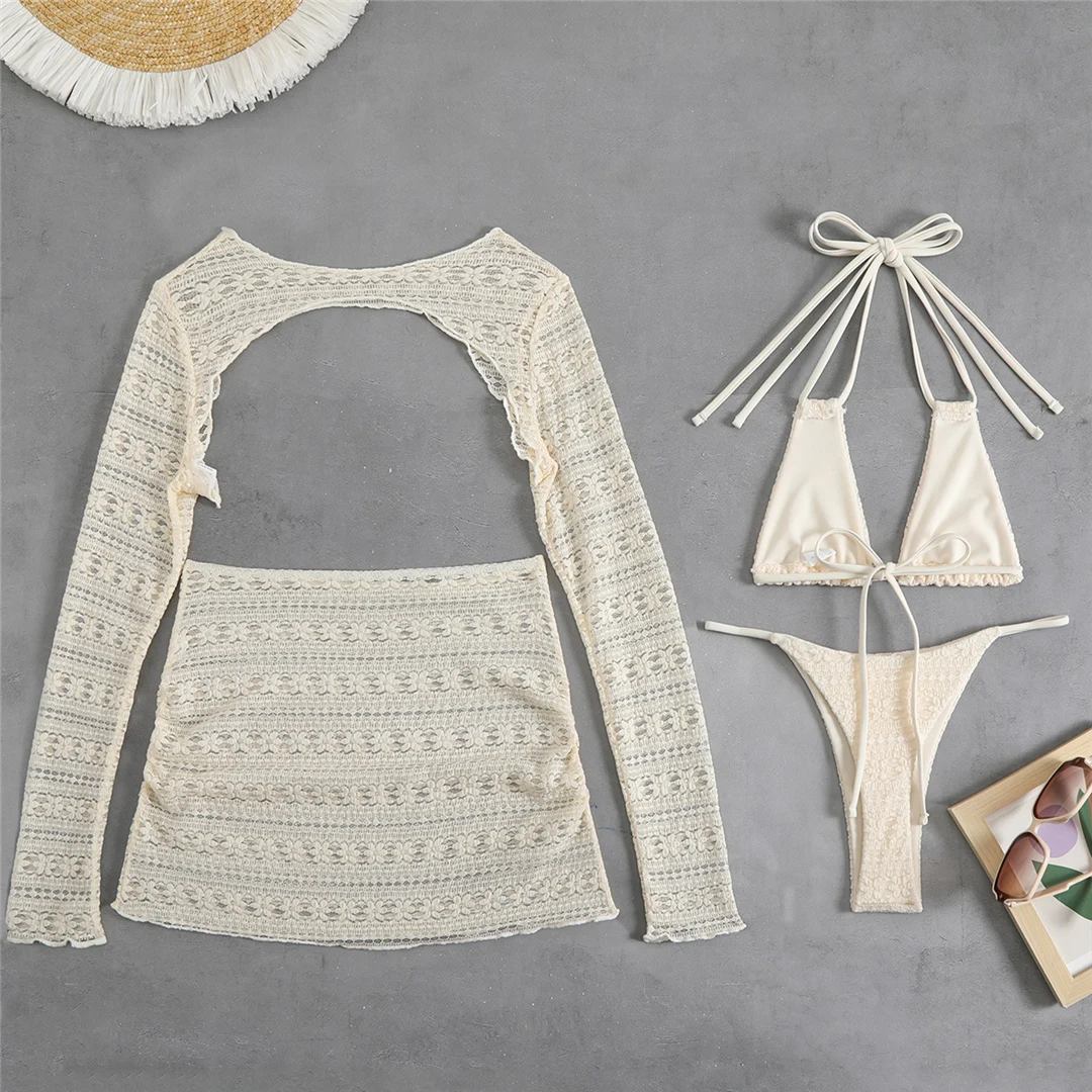 4-teiliges Halter-Bikini-Set mit Rock, langärmeligem Oberteil, Damen-Badeanzug, Damen-Bademode, Badebekleidung, Badeanzug, Schwimmanzug V6339 – Detail 16
