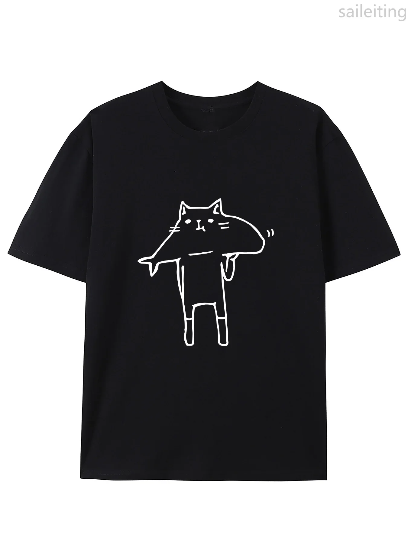 Camiseta de gato con cabeza de pez de dibujos animados de inspiración japonesa camiseta de manga corta con cuello redondo