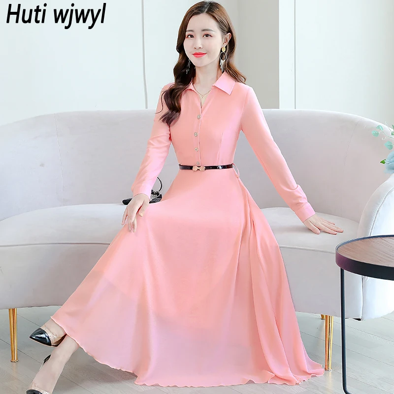 2024 Pink Chiffon Long Sleeve Polo Collar Maxi Dress Women Vintage Casual Party Dresses Spring Autumn Elegant Office Lady Dress