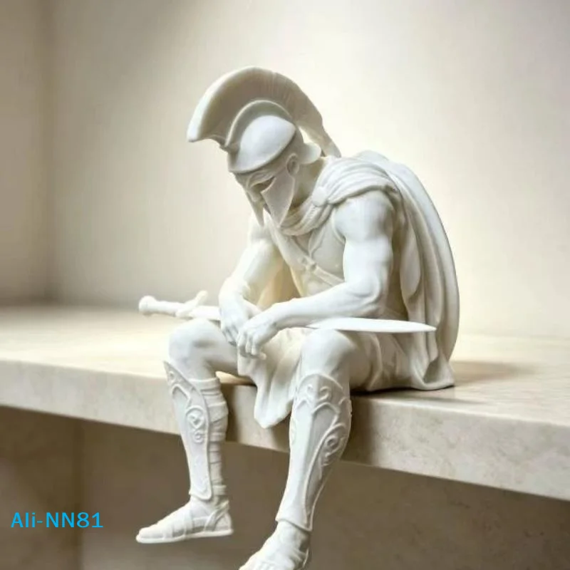 【N】3D Printed Ancient Rome Soldier Figurine Edge Sitting, Meditation Warrior Shelf Sitter Statue Desktop Home Decor