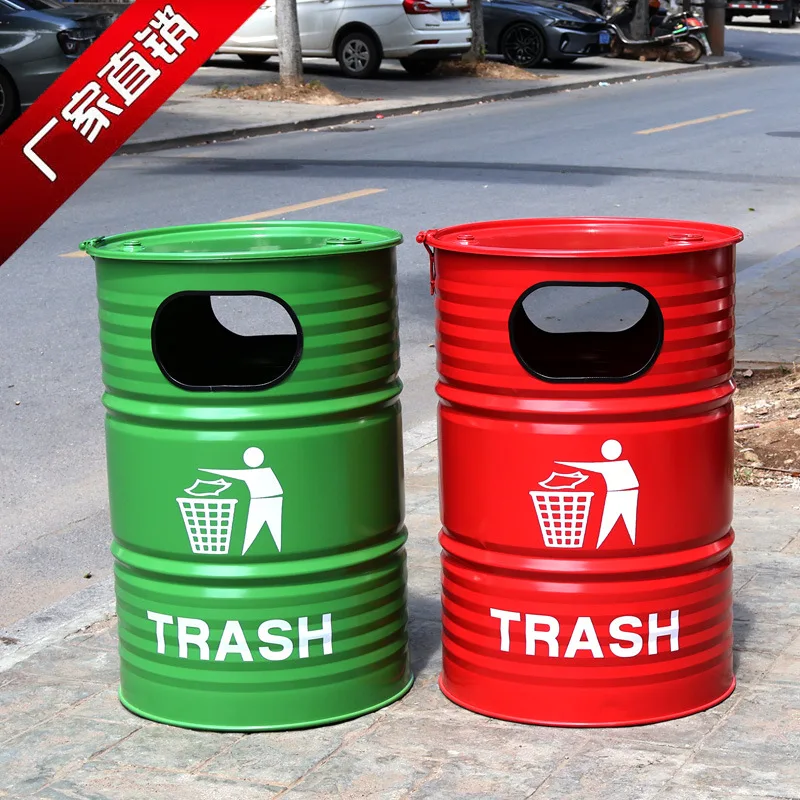 Creative industrial style iron trash bin, outdoor courtyard ornament, bar and restaurant personalized metal decorative storage r