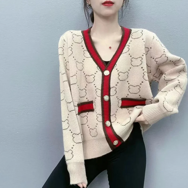 Vintage Knitting V Neck Cardigan Autumn Winter New Long Sleeve Button All-match Contrast Sweaters Casual Fashion Women Clothing