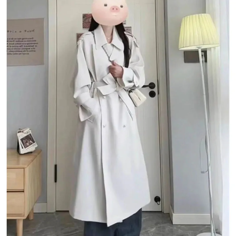 Spring Autumn Ladies Fashion Solid Color Tie Up Trench Jacket Women Long Sleeves Windbreaker Korean Feminine Medium Length Coat