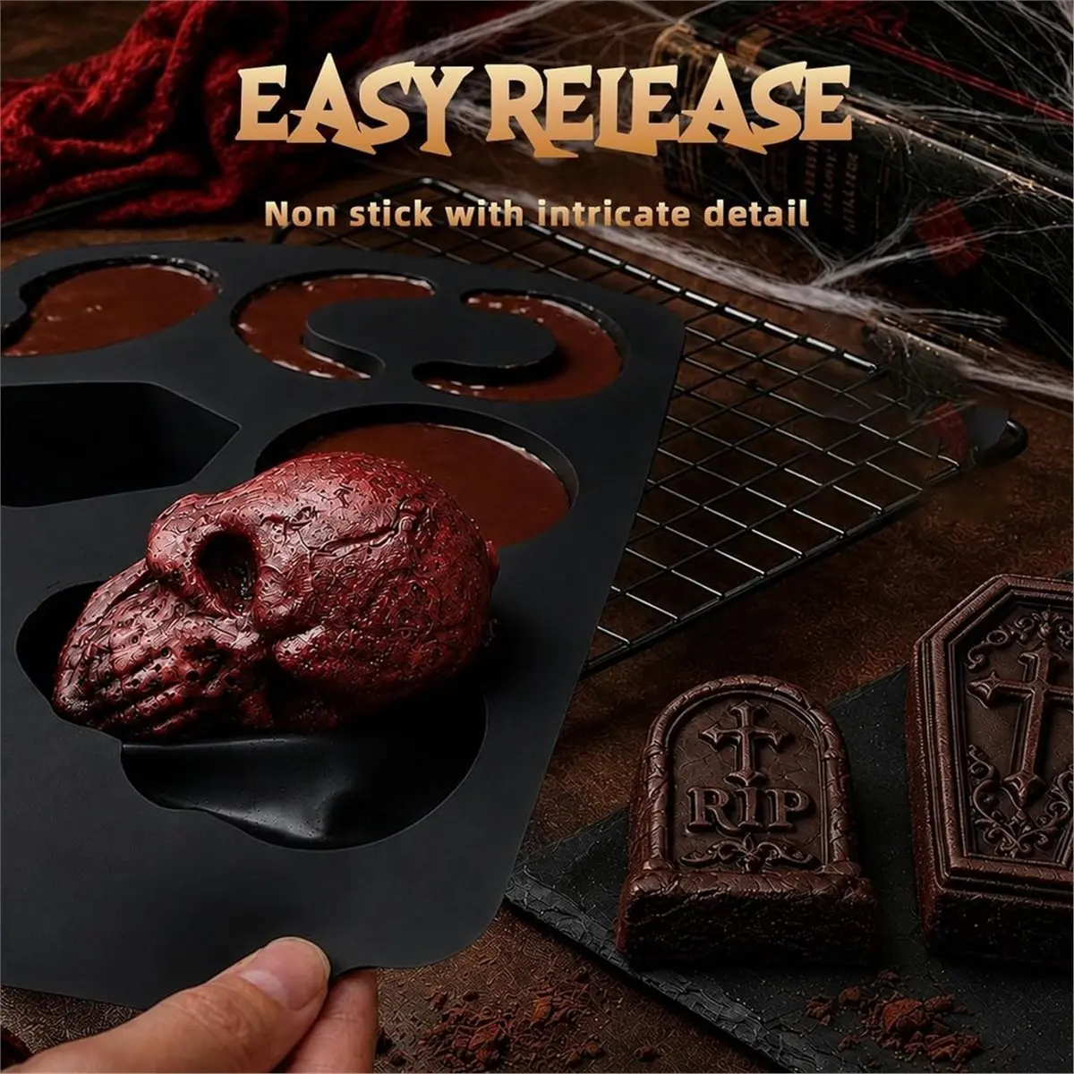 Skull Cake Pizza Pan 6 Spooky Shapes Halloween Silicone Baking Mold Skull Eyeball Fangs Tombstone Coffin Brain Cake Mold