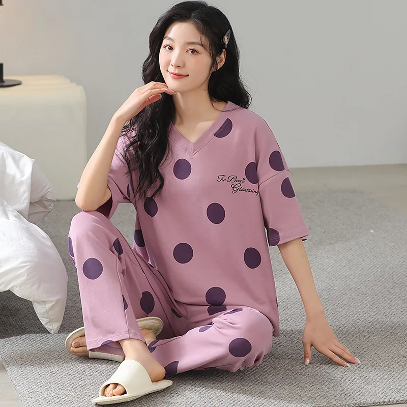 Summer Women's Thin Pure Cotton Pajamas Round Neck Short Sleeve Pullover Pants Oversized Comfortable Casual Home Clothing Set