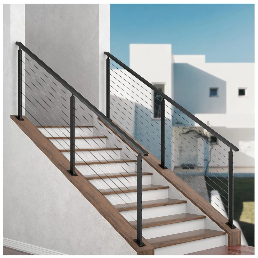 Muzata 3-6.6ft Adjustable Black Cable Railing System for Sloped Areas with 36 Post and Handrail