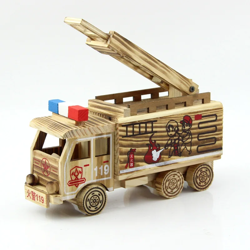 1pcs Classic Home Decoration Crafts Simulation Wooden Mini Fire Truck Toy For Kids Great Gift Home Decor Car Miniatures