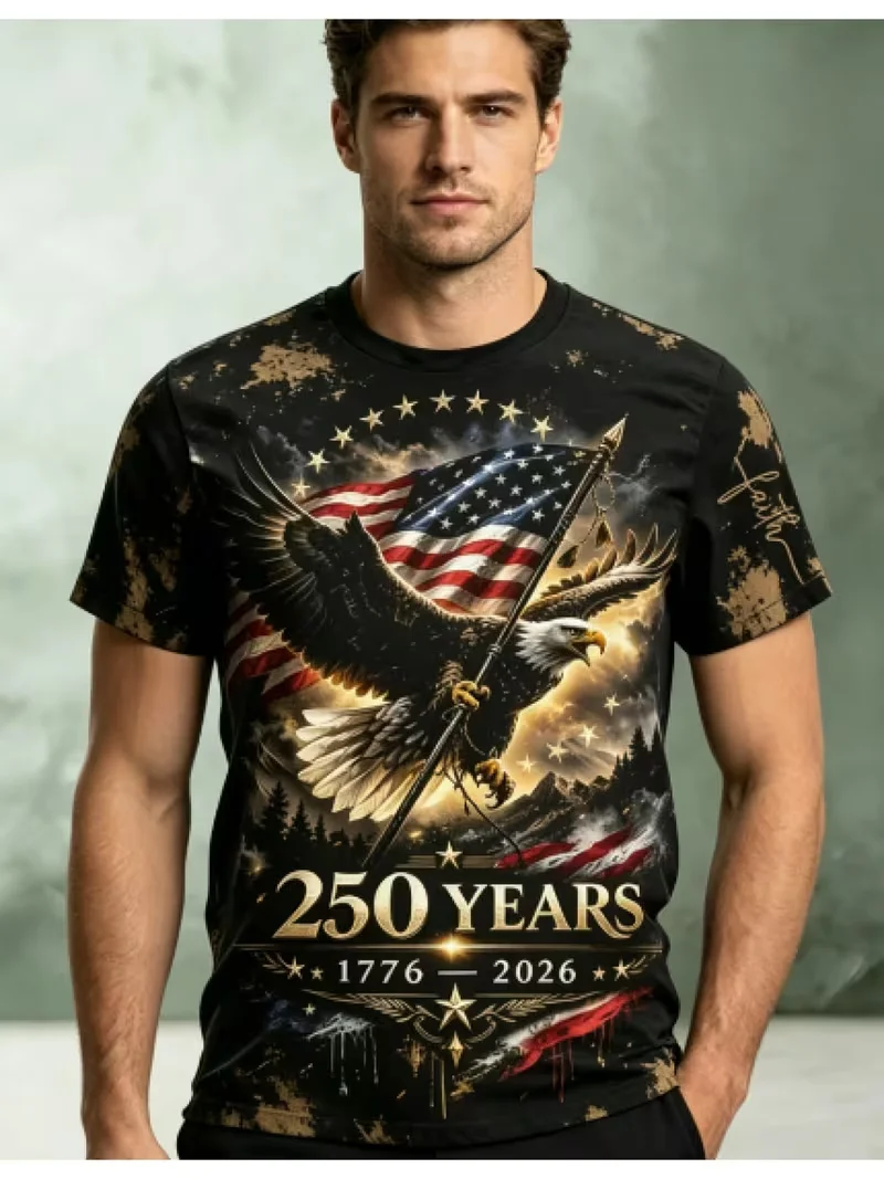 Mens T-shirt bald eagle american flag vintage scratch texture 250 years letter graphic print short sleeve crew neck casual top