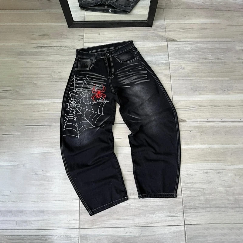 Y2K Fashion Casual Jeans Retro Spinnenweb Afdrukken Zwart Losse Wijde Pijpen Verontruste Jeans Hip Hop Mannen Vrouwen Punk Rock Streetwear
