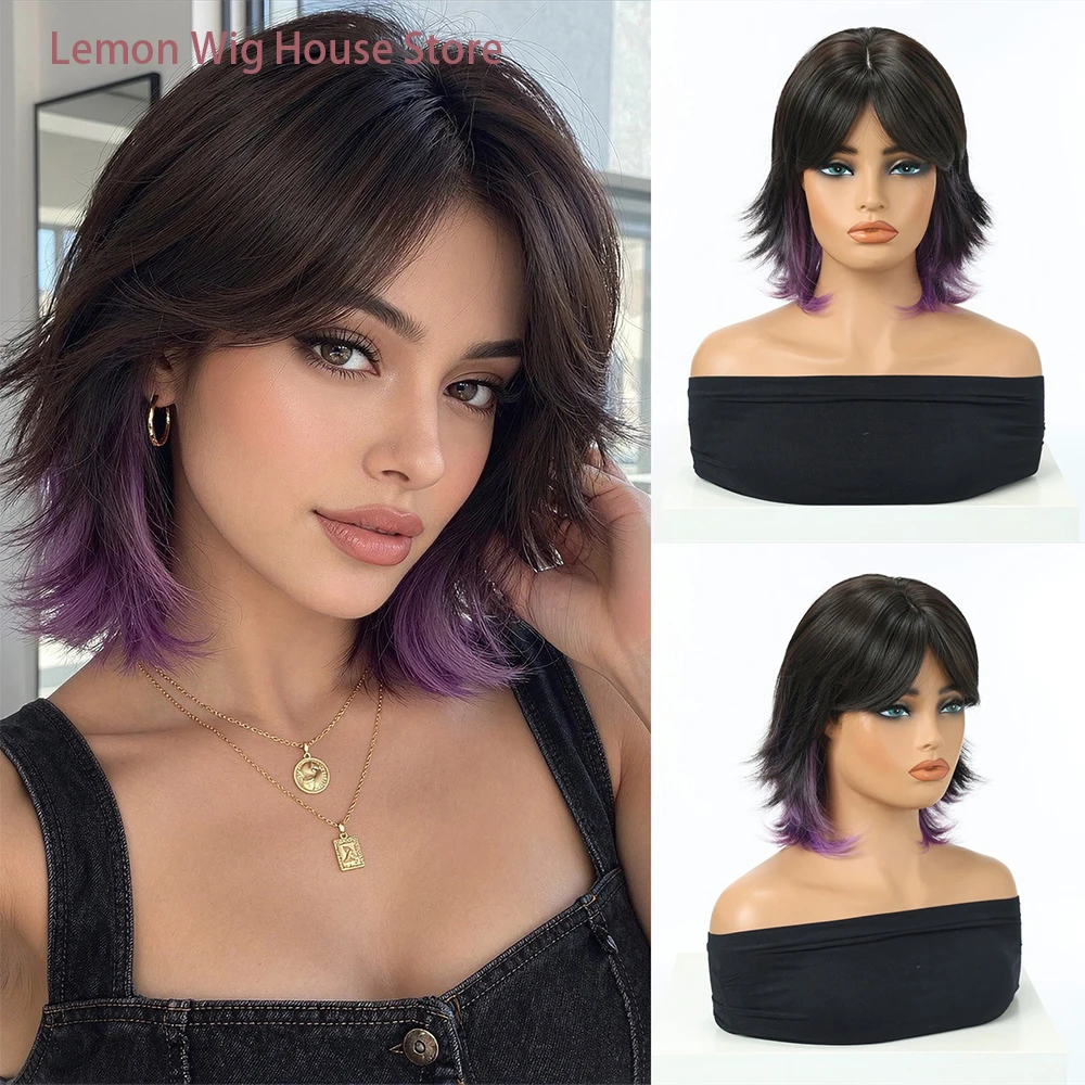 Short Wolf Cut Wig Black Ombre Purple Layered Synthetic Wigs for Women Daily Cosplay Gothic Halloween Costume Wig Heat Resistant