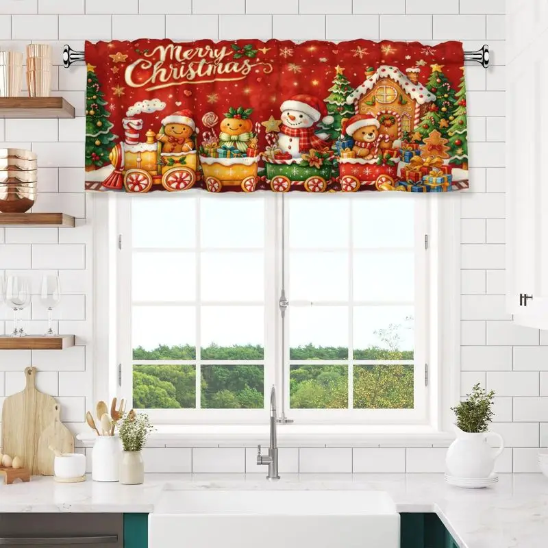 VIKAMA Christmas Short Curtains Valances Xmas Train Snowman Gingerbread Kitchen Window Home Winter Holiday Window Decor