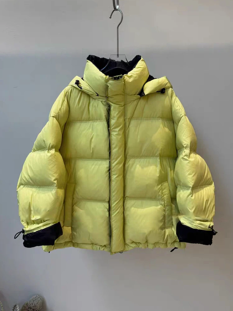 Winter Chic Patchwork Hooded Puff Down Jacket Women 90%White Duck Down Loose Down Jacket Female Zipper Drawstring Parker Outwear