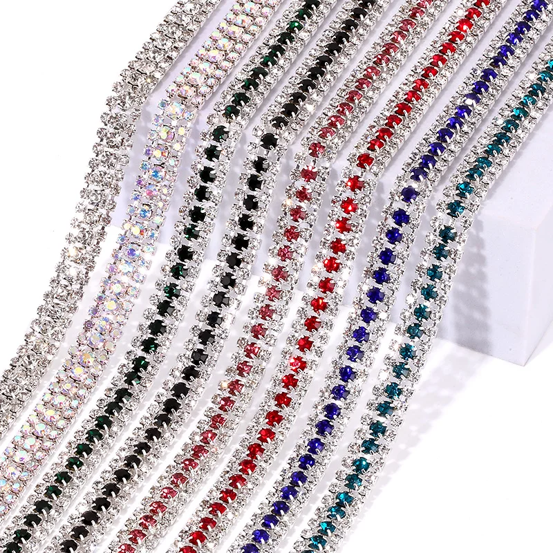 DUCRYSTARL 1Yard 3 rows Silver Base Glass rhinestone Chain Sew on rhinestone Ribbon Use For Hat, coat, shoes decoration