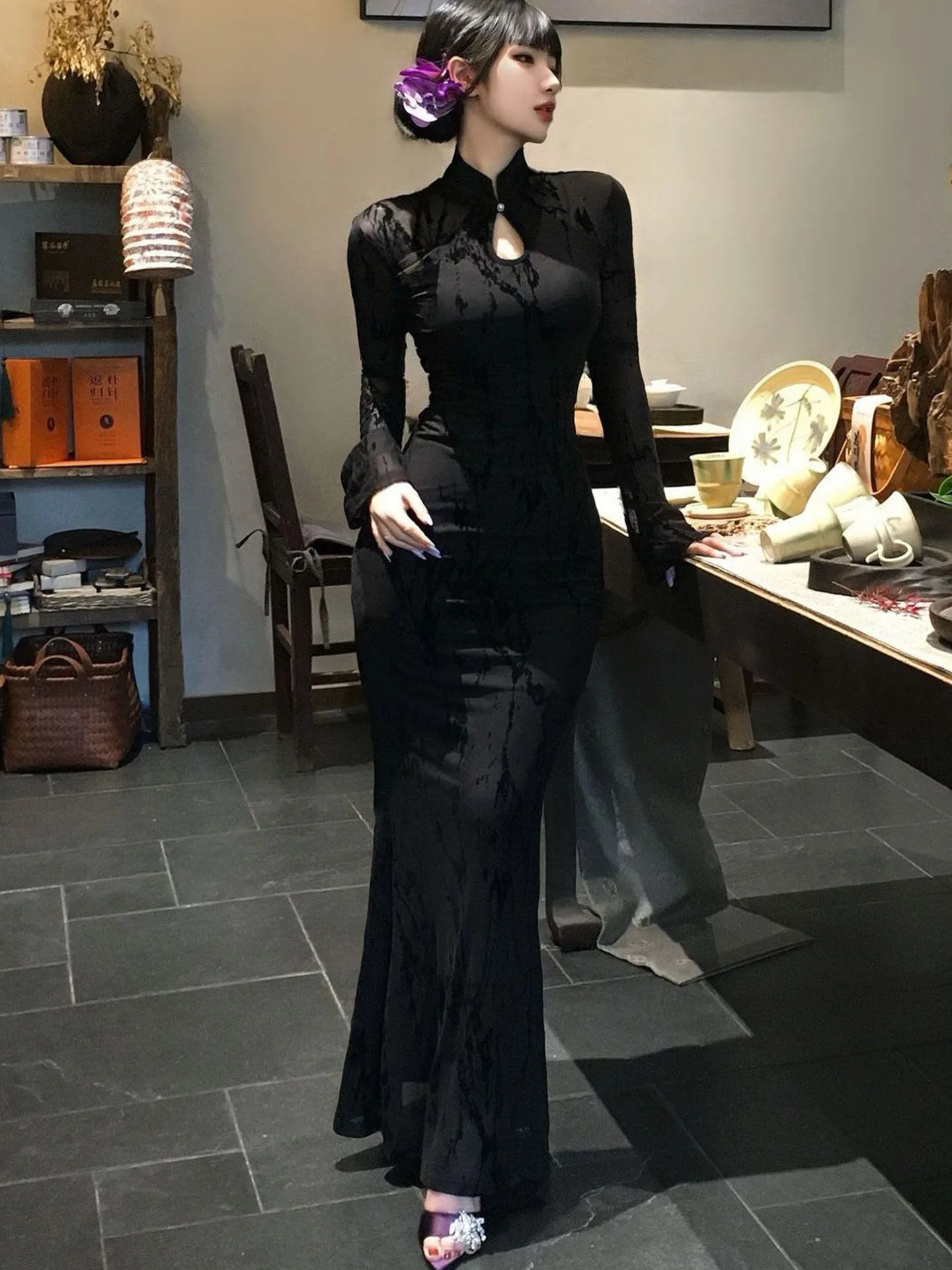 Elegant Black Improved  Women's Long Sleeve Waist Cinched Split Long Dress Chinese Style Sexy Spicy Girl Bodycon Skirt