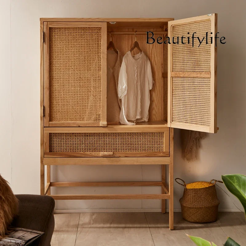 

Japanese-Style Rattan Solid Wood Wardrobe Nordic Bedroom Storage Cabinet Storage Homestay Hotel Furniture