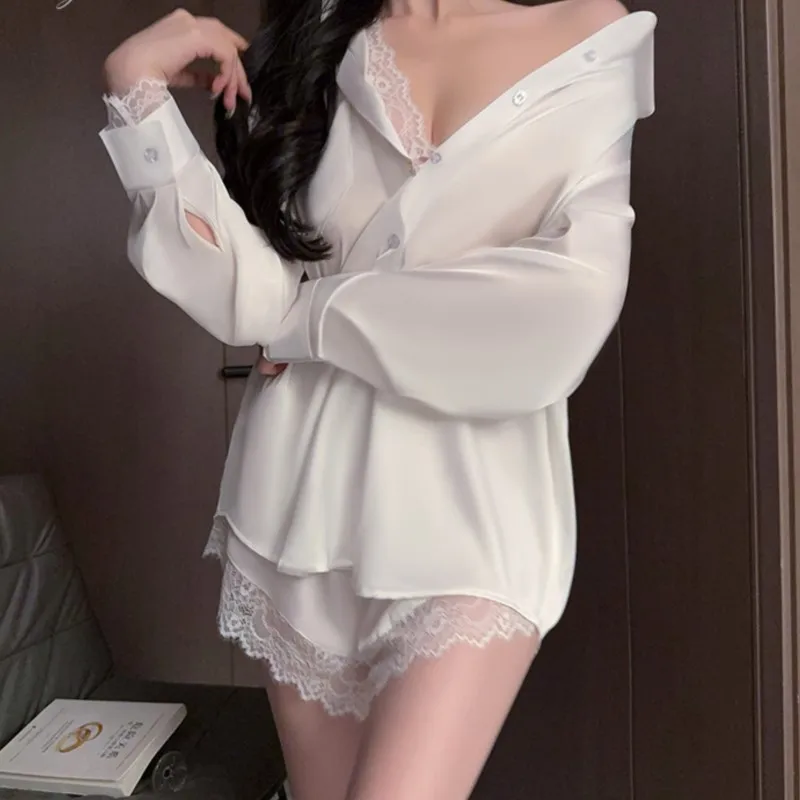 

White Lapel Shirt Shorts 2Pcs Pajamas Female Satin Sleepwear Sexy Lace Trim Homewear Nightwear Summer New Loungewear Lingerie