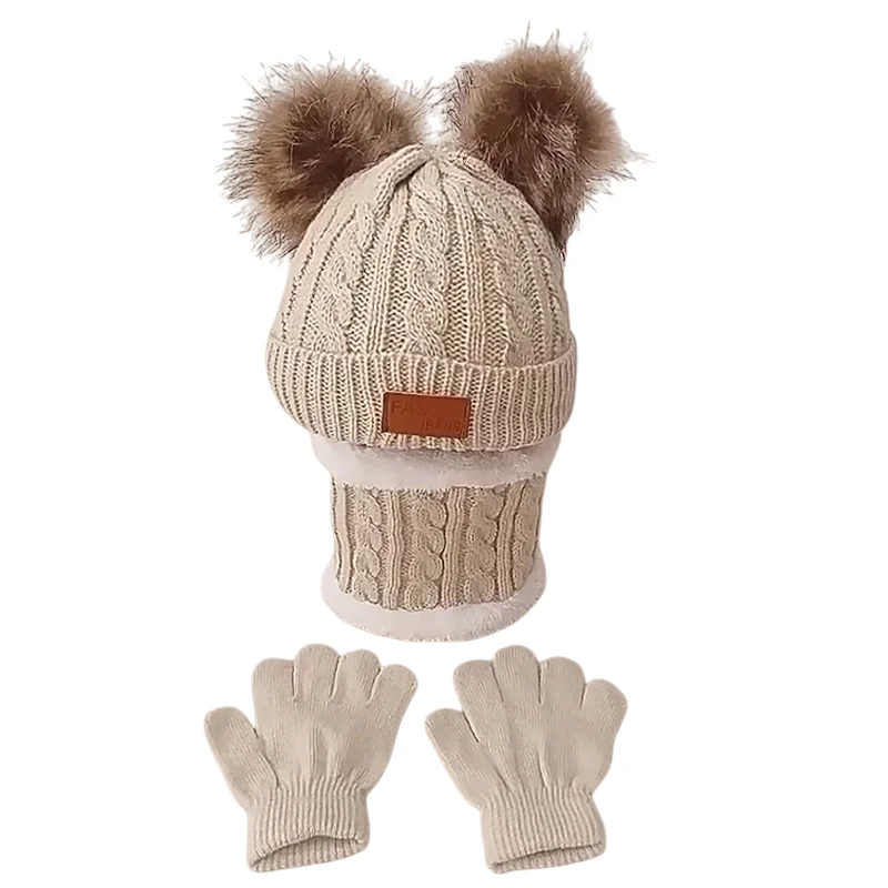 الشتاء الأطفال الطقس البارد قبعة وشاح قفازات 3 قطع مجموعة بنين بنات مزدوجة بوم قبعة صغيرة محبوكة #6