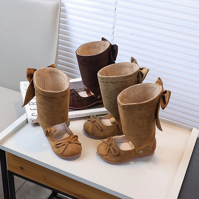 

Классические детские модные ботинки, повседневные кожаные ботинки для девочек в балетном стиле, детские ботинки принцессы с милым бантом, туфли на плоской подошве «два в одном»