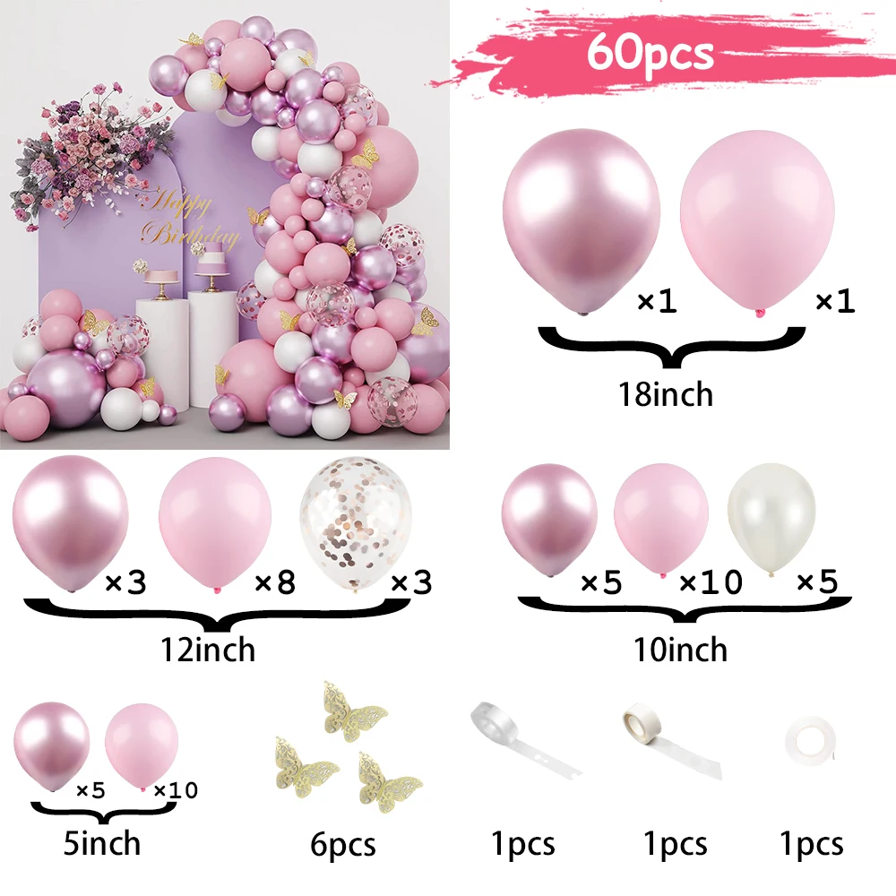 60/136pcs Pink Balloon Arch Party Set Confetti Ballon Butterfly Birthday Decorations Balloon Wedding Supplies Baby Shower Globos