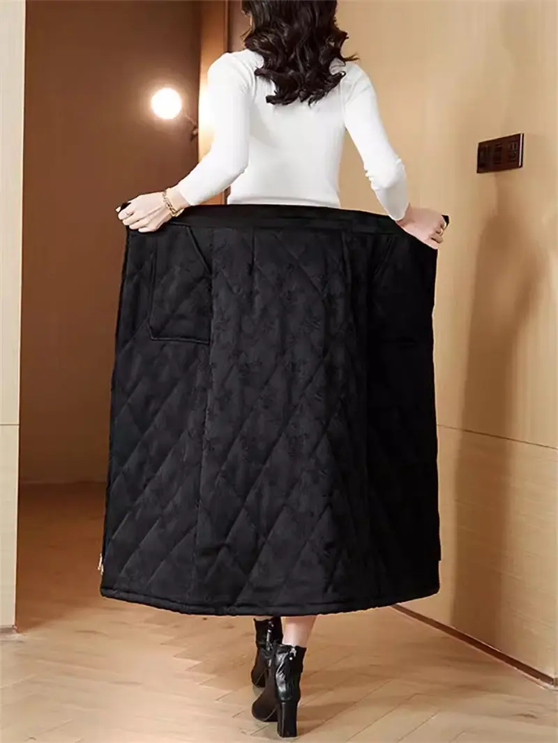 Thickened Down Cotton Skirt Women's Autumn Winter 2023 New Zipper One Piece Mid Length Quilted Skirt Mujer Faldas Z4536