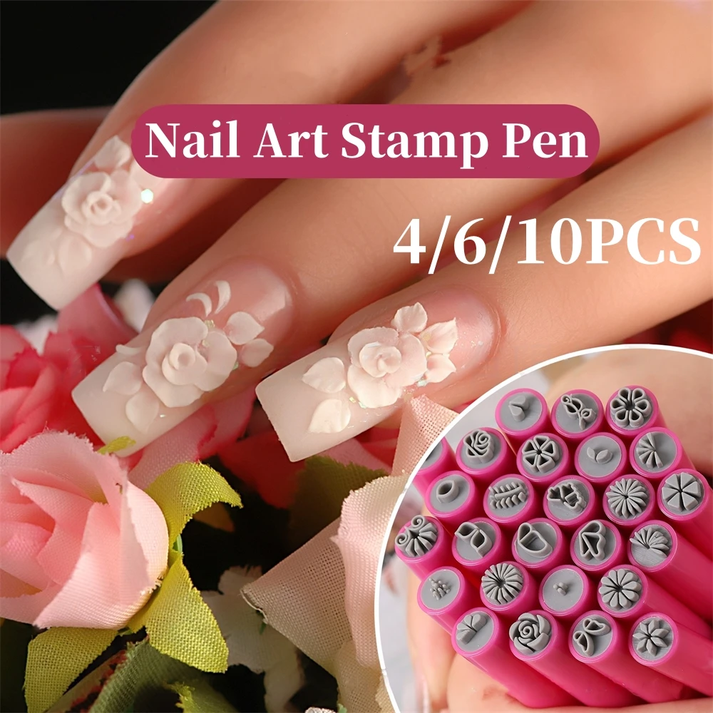 10/6/4 pçs/set rosa caneta carimbo da arte do prego profissional manicure prego graffiti arte ornamento ferramenta feminino diy arte do prego selo caneta