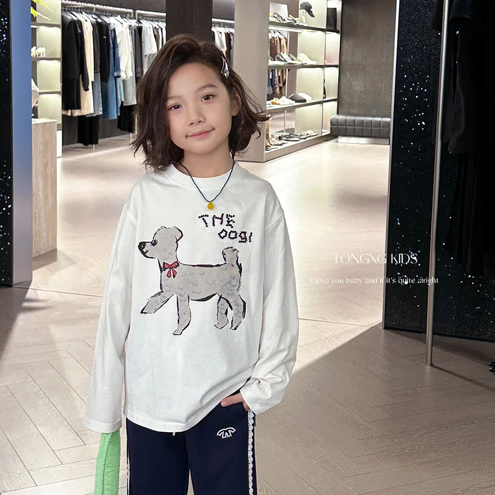 Girls Top 2024 Autumn New Childrens Wear Korean Girl Baby Nail Beaded Cartoon Dog Cotton Long Sleeve T-shirt Casual Simple