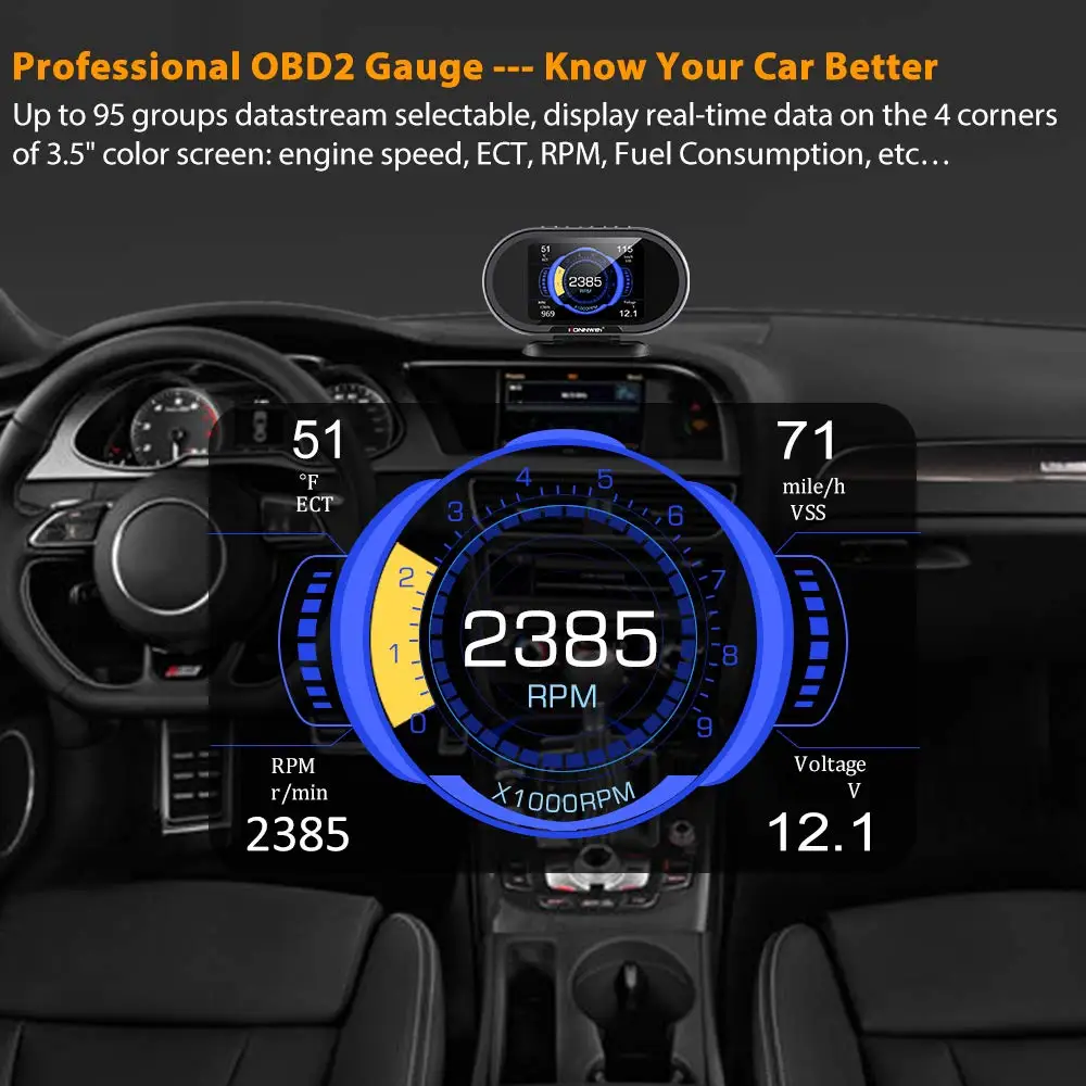 Car OBD2 HUD Digital Meter Gauge All in One Automotive Trip Computer Smart OBD Speedometer Water Temperature Fuel Pressure Teste