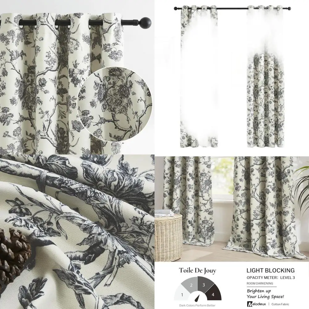 

French Farmhouse Style Blackout Curtains, 52x96, Black Onyx, 2-Panels, Thermal Insulated, Toile de Jouy Pattern