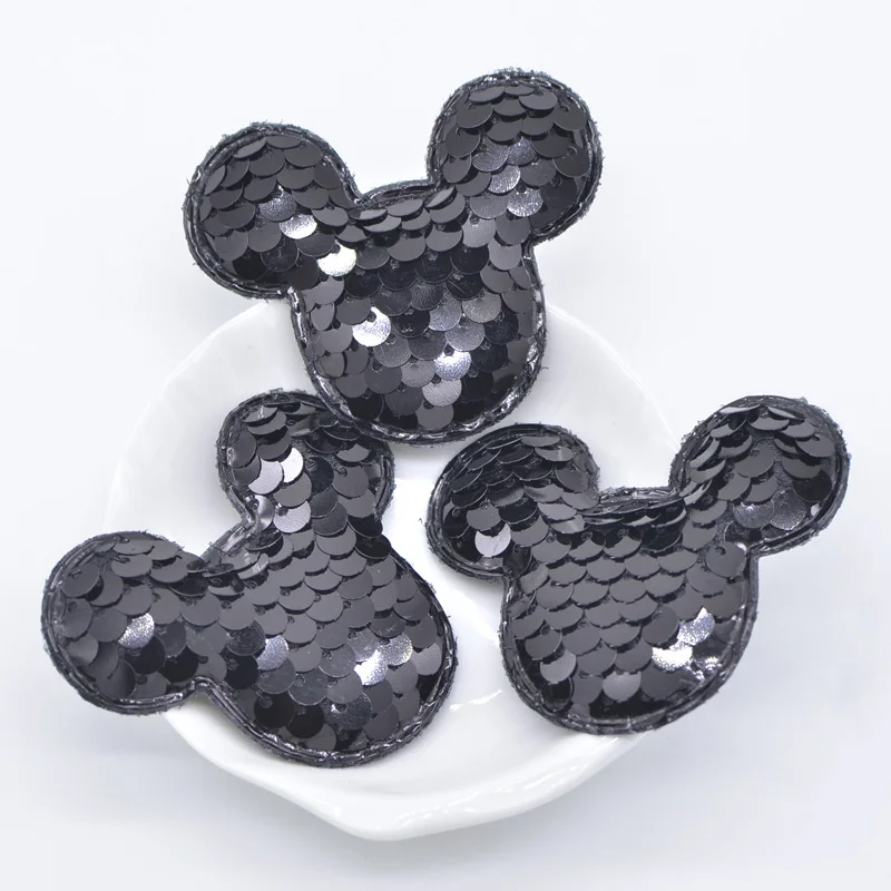 16Pcs/lot Glitter Sequins Black Mouse Padded Patches Mouse Appliques for DIY Crafts Clothes Hats Hairpin Decor Accessories