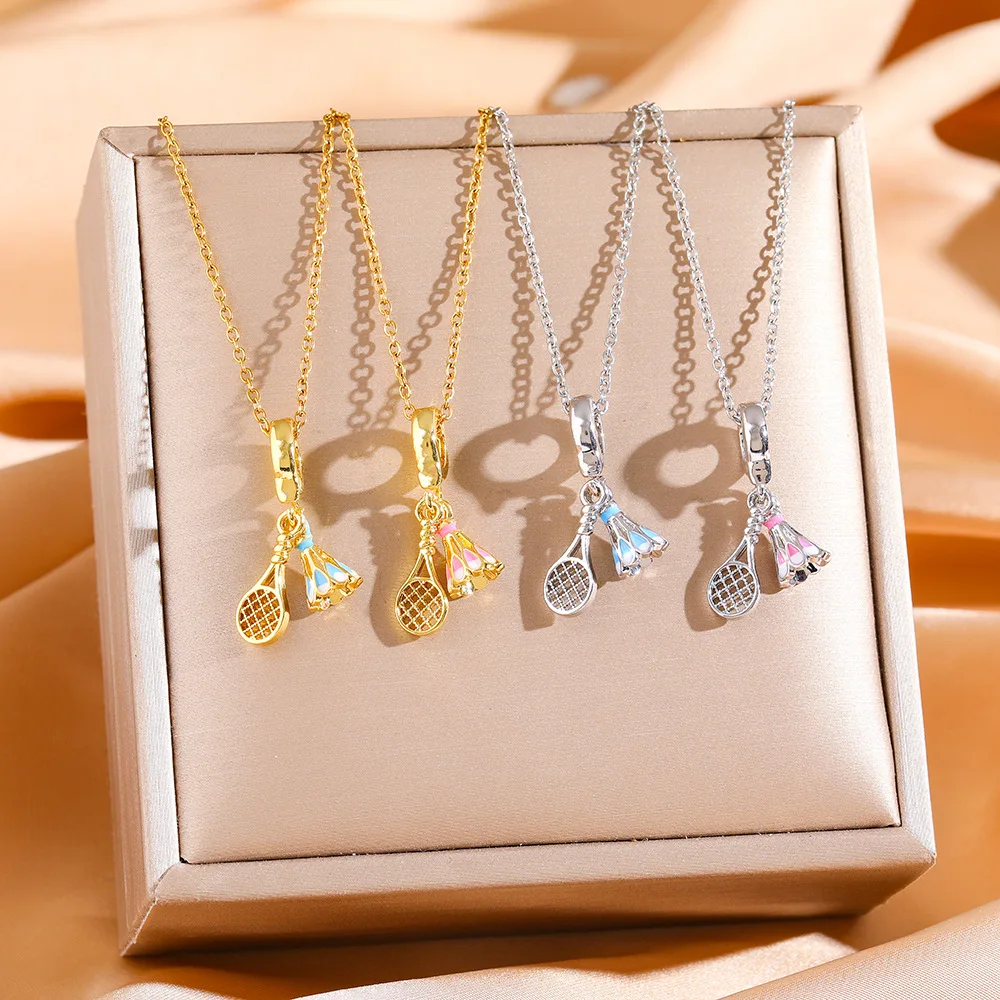 Sporty Cute Badminton Racket Charm Necklace for Women Girls Stainless Steel Chain Trendy Accessories Jewelry Gifts for Friends