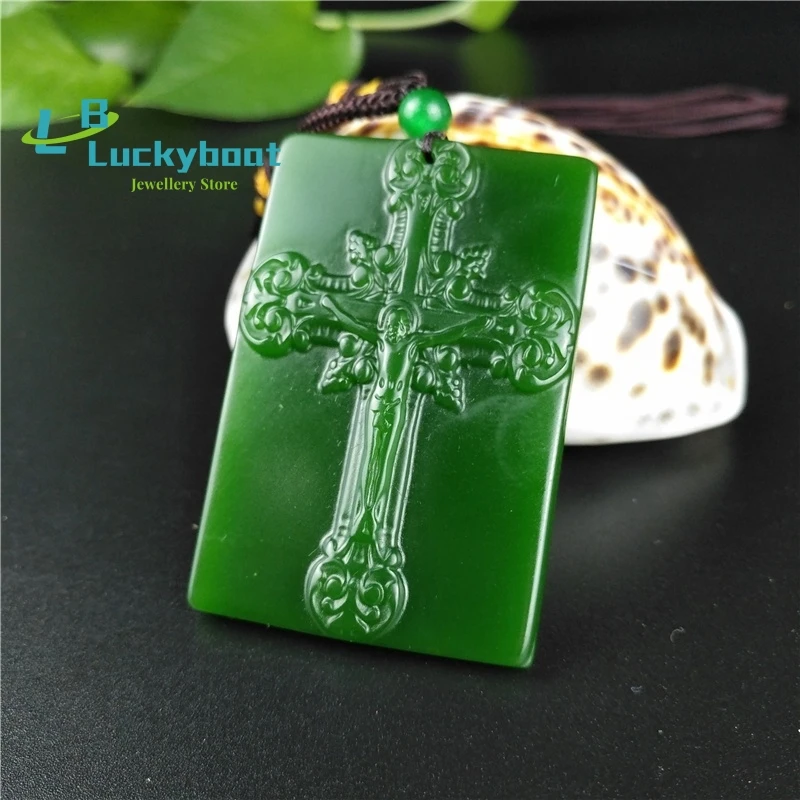 Natural Green Hetian Jade Stone Cross Pendant Necklace Carved Chinese Jadeite Jewelry Charm Jesus Amulet Gifts for Women Men