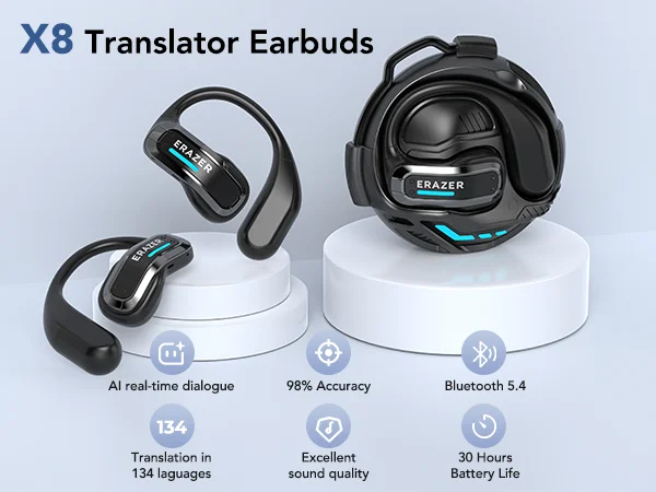 ERAZER X8 : écouteurs de traduction en temps réel avec microphone, écouteurs sans fil pour jeux, faible latence, appels HD, étanches, pour le sport, Bluetooth.