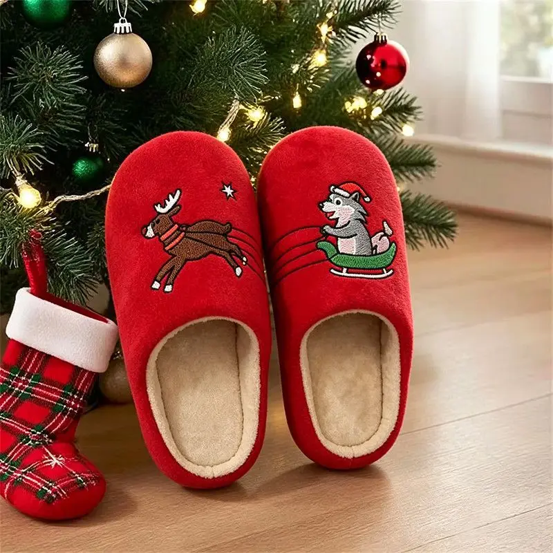 Lightweight Flat Heel Bedroom Slippers Women Winter 2026 Warm Short Plush Indoor Slippers Cute Christmas Couple Home Slides