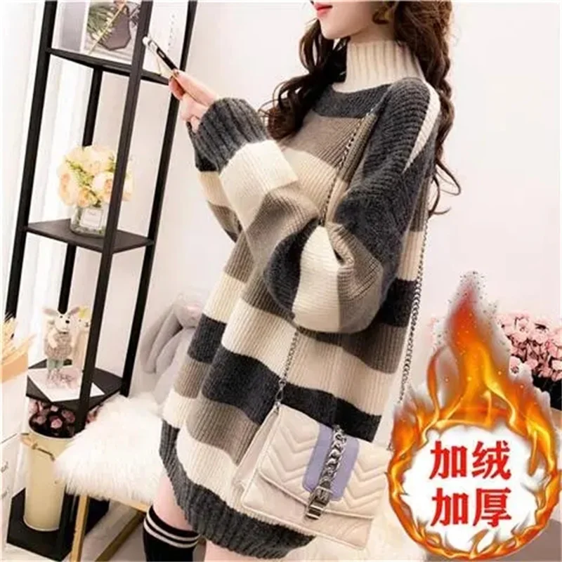 Autumn Winter Medium Long Styles Female Sweater Lazy Wind Loose Fitting Women Pullover Knitting Half High Collar Ladies Knitwear