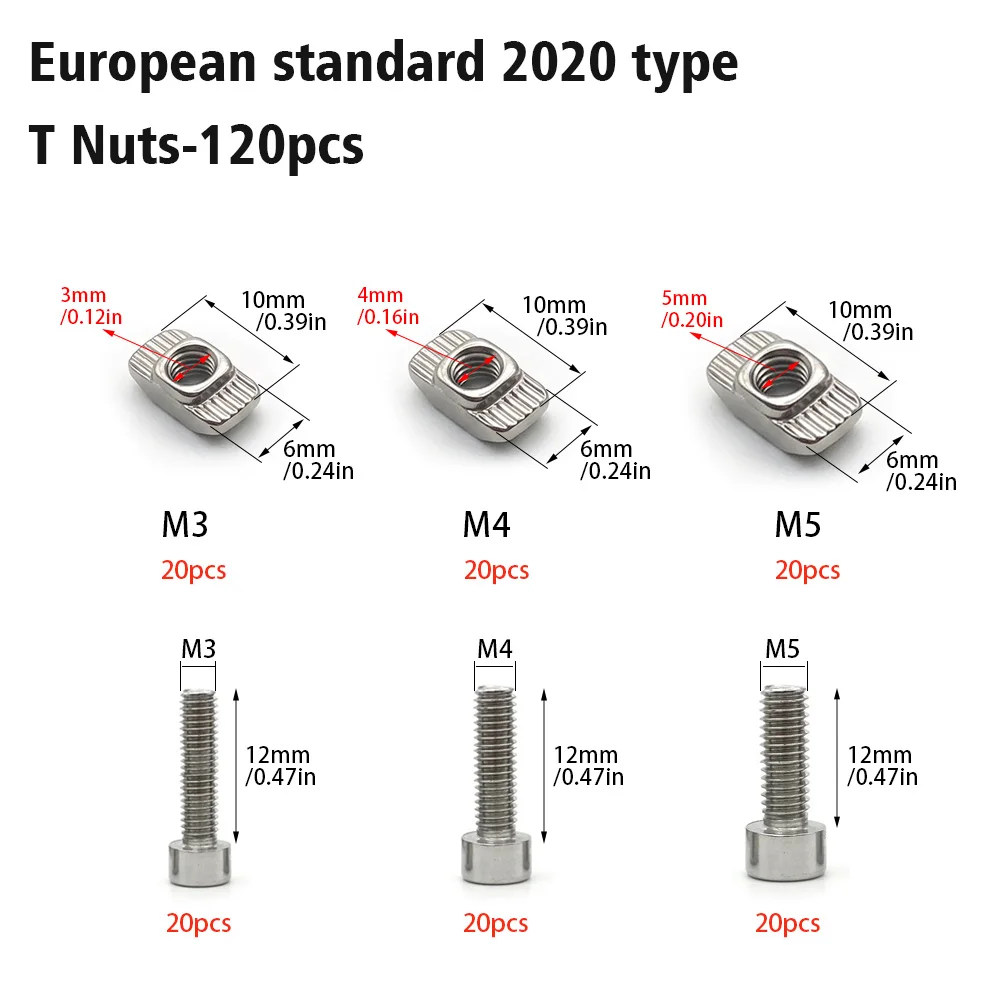 120-piece set of hex socket bolts and T-slot nuts, compatible with all 2020 series industrial aluminum profile assembly