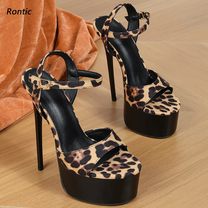 

Rontic Handcrafted Leopard Print Platform Heels - Ankle Strap High Heel Sandals with Chunky Platform US Size 35-52