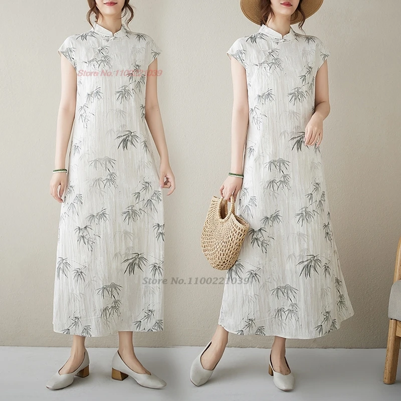 

2025 chinese vintage dress qipao improved cheongsam national bamboo print loose dress traditional folk qipao dress streetwear