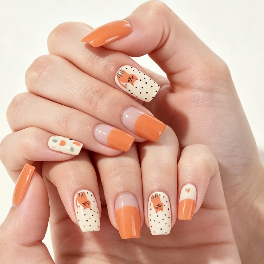 Cute Cat Terrazzo Polka Dot Nail Stickers Self Adhesive Full Nail Art Decals Orange Aesthetic Manicure Decor Stickers For Women