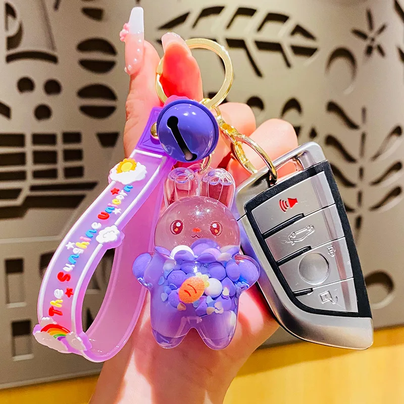 Cute Into The Oil Sugar Bean Carrot Rabbit Floating Bottle Liquid Key Chain Girl Heart Quicksand Sequins Keyring Bag Charm Gift