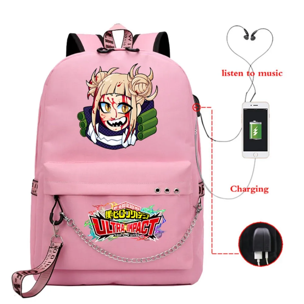 

Pink Schol Backpack Bag for Teenager Girls Boku No Hero Academia Anime School Bag My Hero Academia Himiko Toga Usb Port Backpack