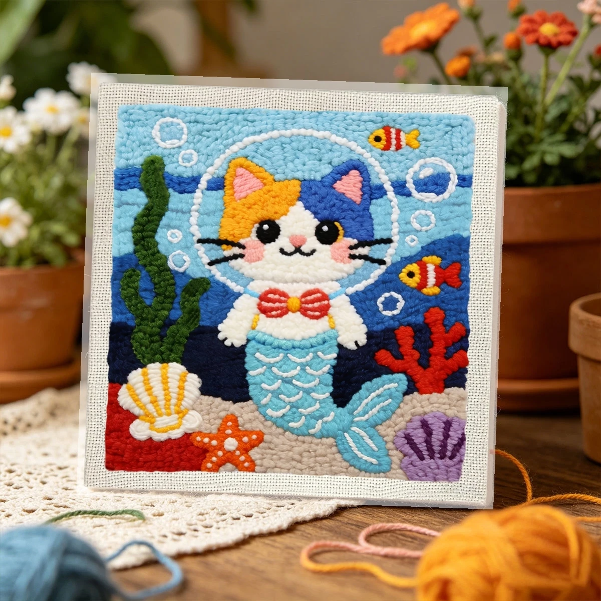 1 Set Meerjungfrau-Katze DIY-Stickerei-Set für Anfänger, Stickerei-Starter-Kit, Kreuzstich-Kunstgeschenk, Handarbeits-Bastelset – Detail 3