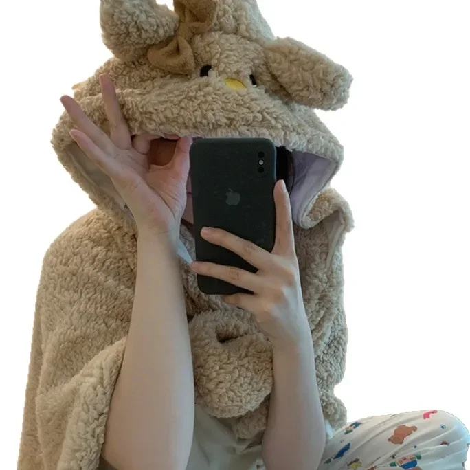 بطانية بقلنسوة على شكل قطة كرتونية للبالغين، بطانية صوف دافئة يمكن ارتداؤها، رأس مريح لقيلولة الأريكة والسفر