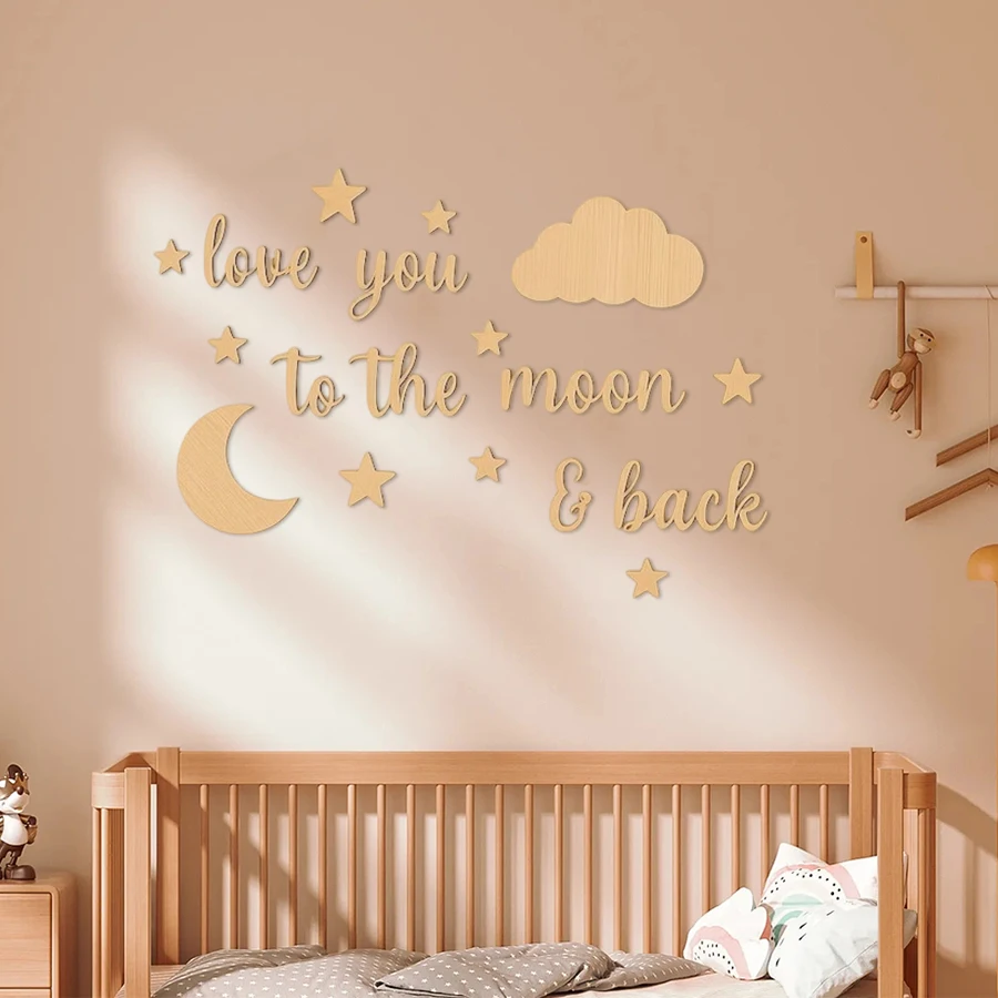 Pegatinas de pared de madera de 18 piezas con frase "Love You to the Moon", juego de decoración de estrellas y nubes para habitación de niños, decoración de pared con letras de luna y estrellas de madera de estilo nórd