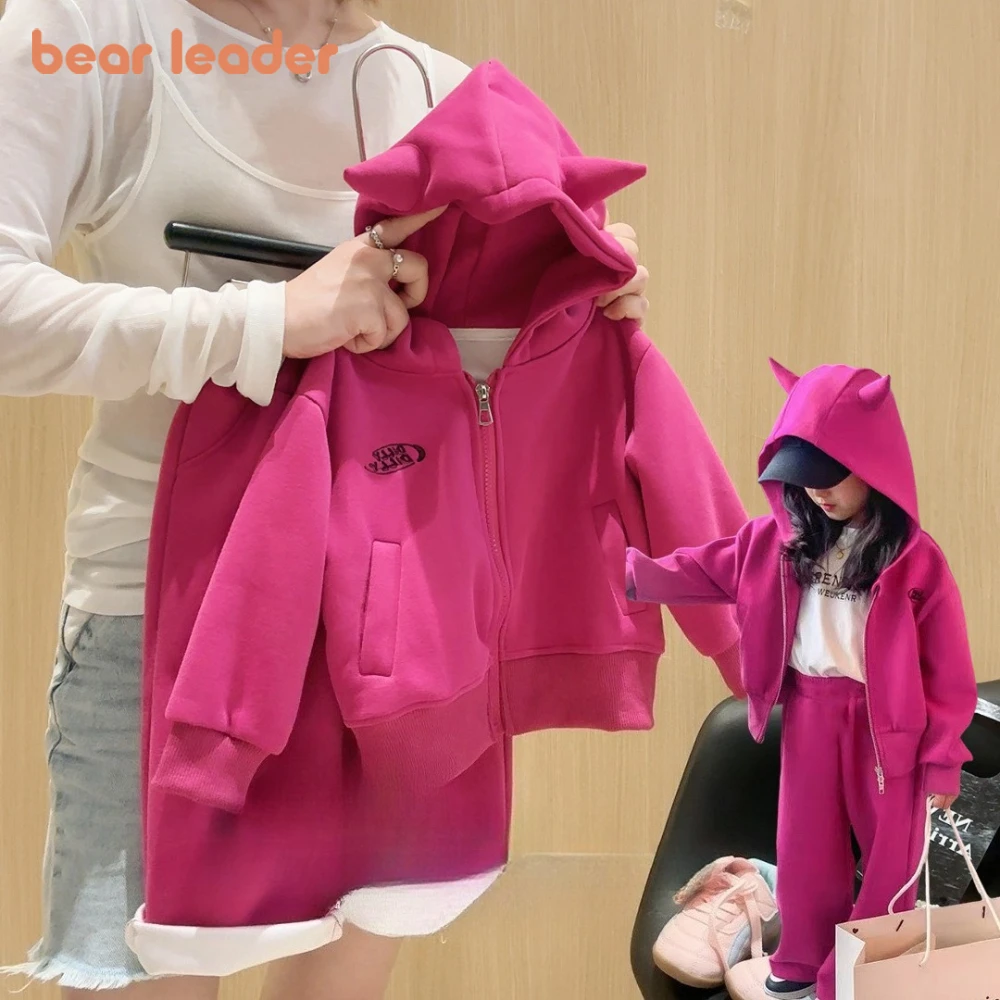 

Bear Leader Autumn New Girls Clothes Casual Sports Children's Set Rose Red Long Sleeved Small Cow Horn Hooded Sweatshirt + Pants