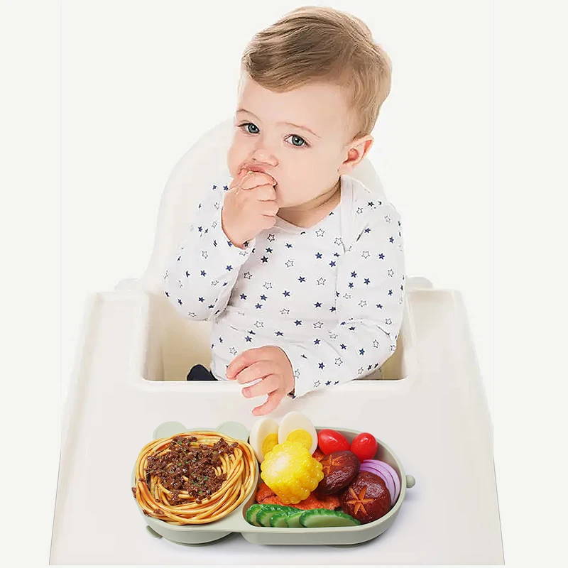 Baby-Silikon-Saugnapf-Schüssel, süßes Bären-Design, Macaron-Farbe, 100 % lebensmittelechtes Silikon, BPA-frei, Doppelplatten-Design für Mahlzeiten