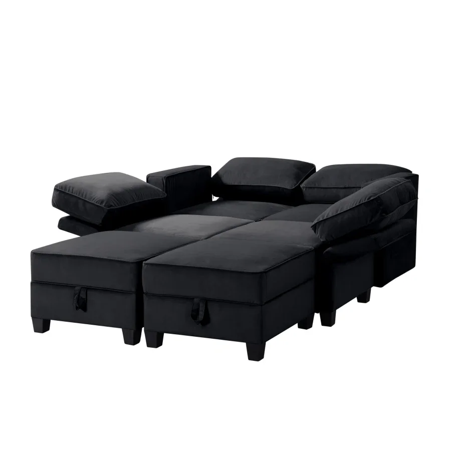 

116'' Square Arm Sectional Sofa Black Velvet