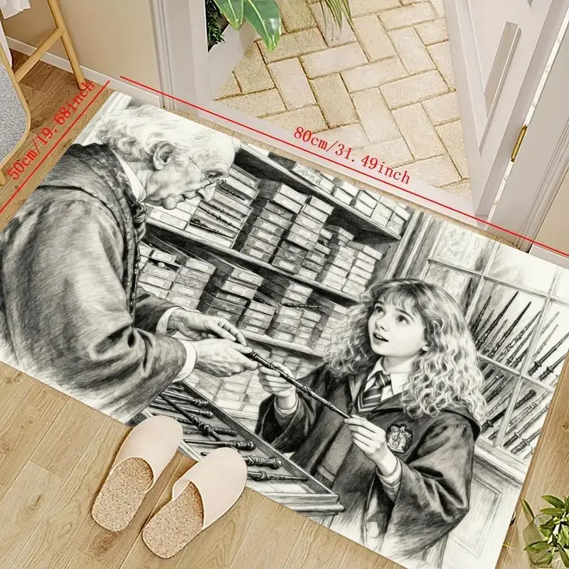 Alfombra de suelo de escena de tienda de varita de Harry Potter Hermione Granger, boceto de lápiz blanco y negro Vintage, magia del mundo mágico antideslizante, 1 ud.