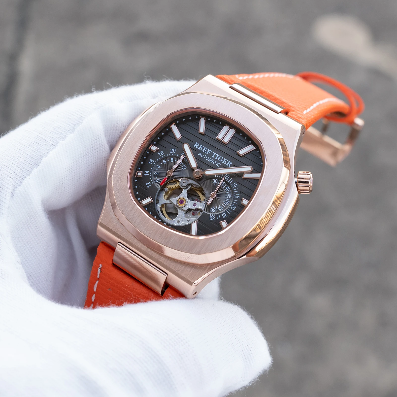 Reef Tiger Men's Rose Gold Diamond Watch 24-Hour Tourbillon Automatic Multifunction Luminous Orange Leather Mechanical RGA20S7